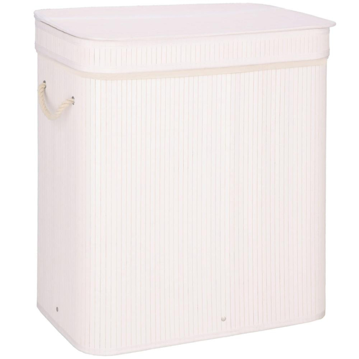 Cos de rufe din bambus cu capac, 2 compartimente, sac detasabil, volum 100L, 54x35x60cm, alb [15]