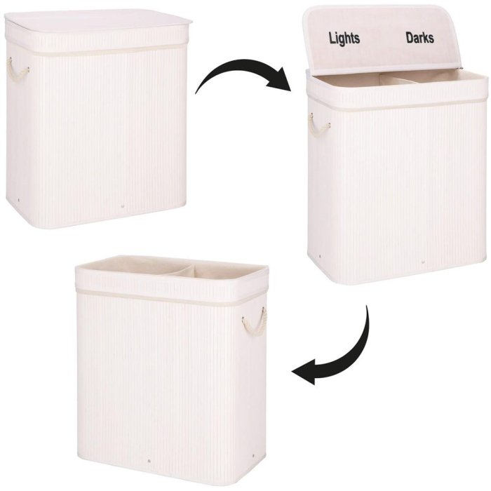 Cos de rufe din bambus cu capac, 2 compartimente, sac detasabil, volum 100L, 54x35x60cm, alb [14]