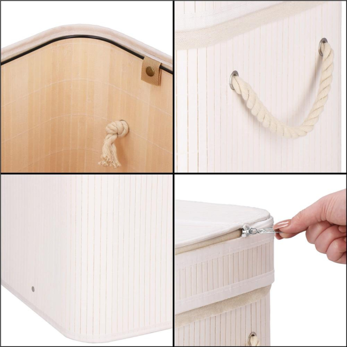 Cos de rufe din bambus cu capac, 2 compartimente, sac detasabil, volum 100L, 54x35x60cm, alb [12]