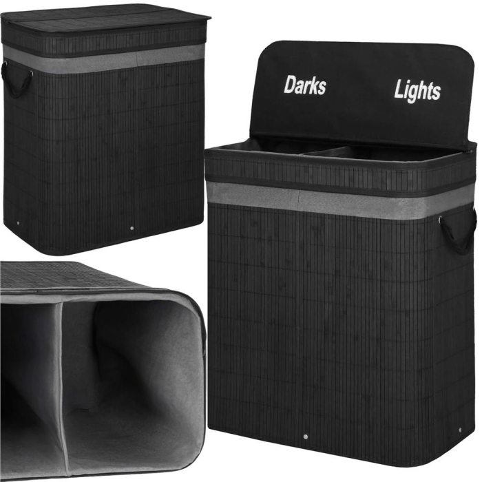 Cos de rufe din bambus cu capac, 2 compartimente, sac detasabil, volum 100L, 54x35x60cm, negru [5]