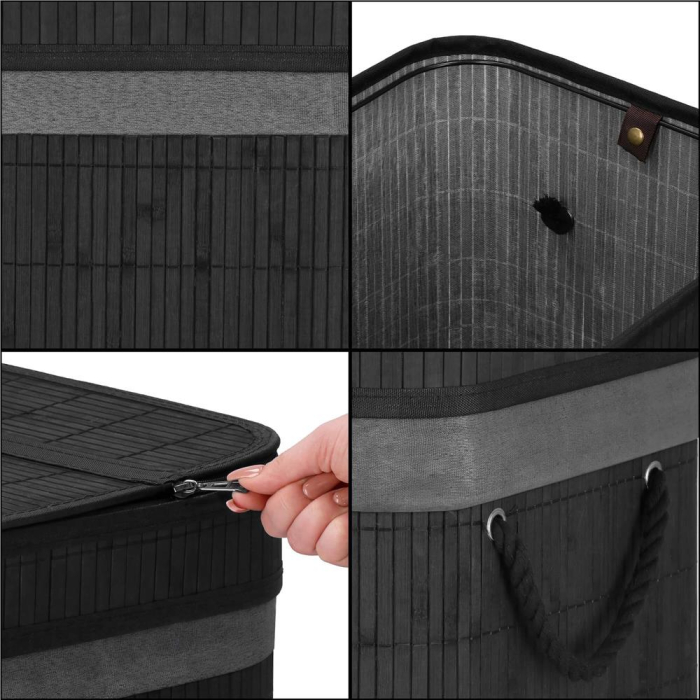 Cos de rufe din bambus cu capac, 2 compartimente, sac detasabil, volum 100L, 54x35x60cm, negru [21]