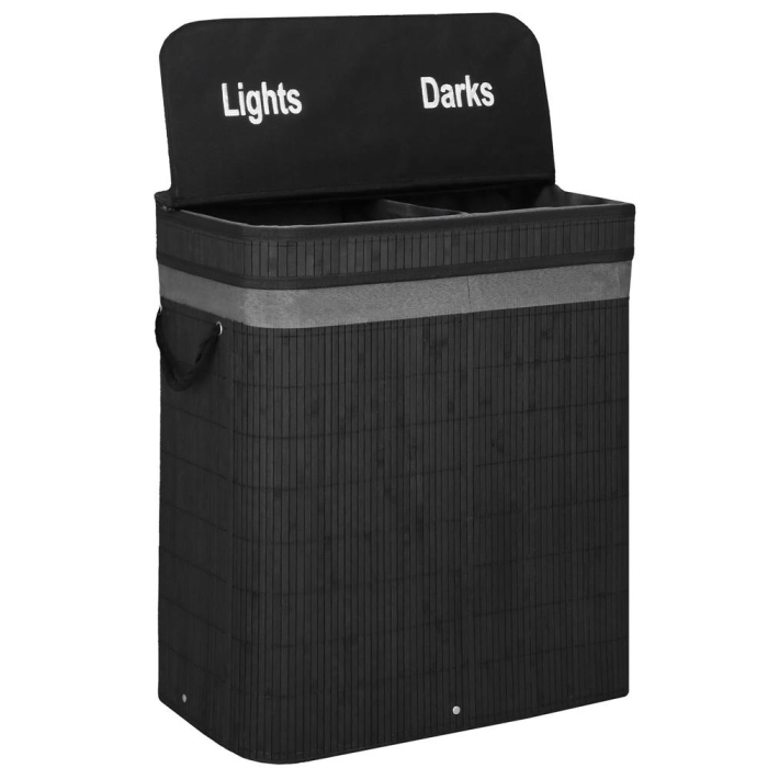 Cos de rufe din bambus cu capac, 2 compartimente, sac detasabil, volum 100L, 54x35x60cm, negru [1]