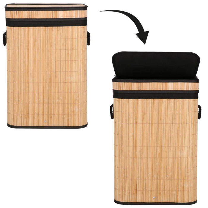 Cos de rufe din bambus cu capac, sac detasabil, volum 72L, 42x33x60cm, maro [22]