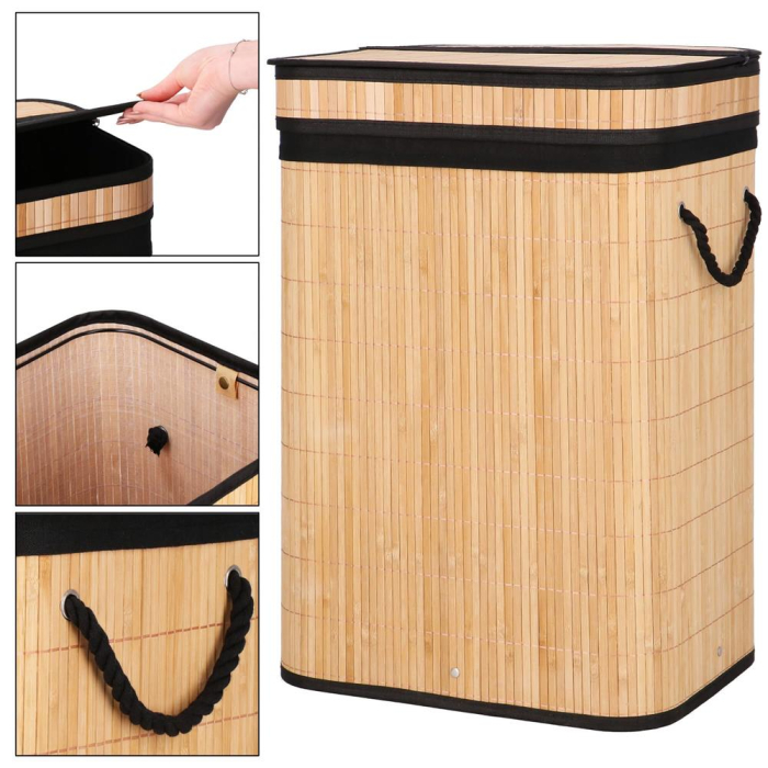 Cos de rufe din bambus cu capac, sac detasabil, volum 72L, 42x33x60cm, maro [20]