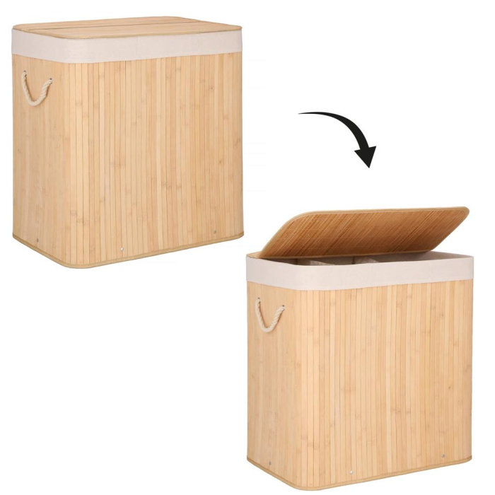 Cos de rufe din bambus, pliabil, cu captuseala detasabila lavabila, 3 compartimente, 150L, 63x42x62cm, maro [17]