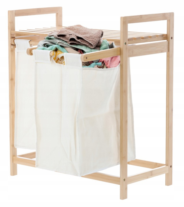 Cos de rufe din bambus si blat din lemn, 2 cosuri din panza, 64x73x33cm, natur [5]