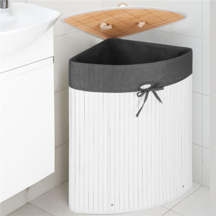 Cos rufe triunghiular colt bambus capac sac textil 60l, 55x35x60 cm, economisire spatiu, alb gri [22]