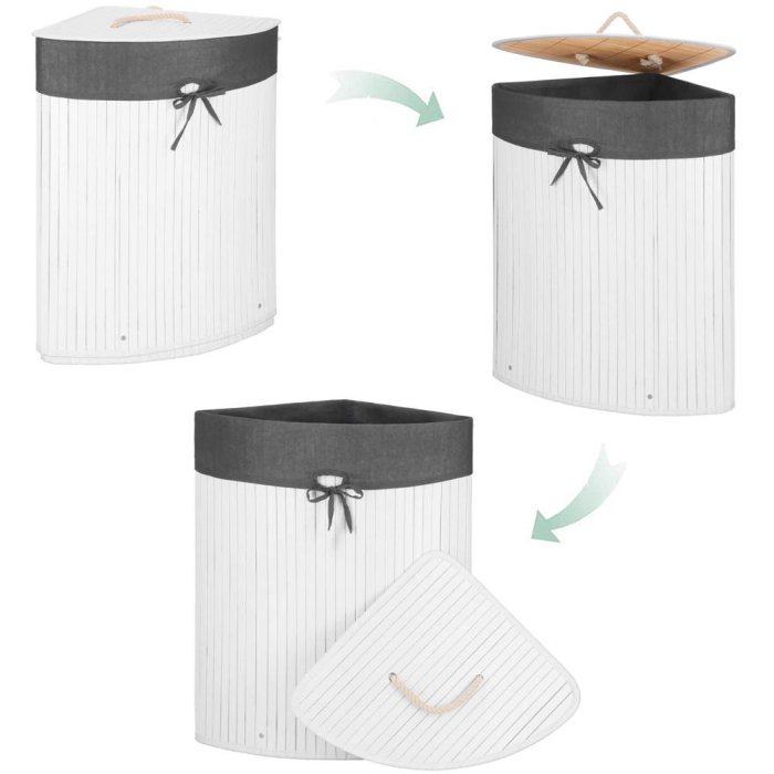 Cos rufe triunghiular colt bambus capac sac textil 60l, 55x35x60 cm, economisire spatiu, alb gri [7]