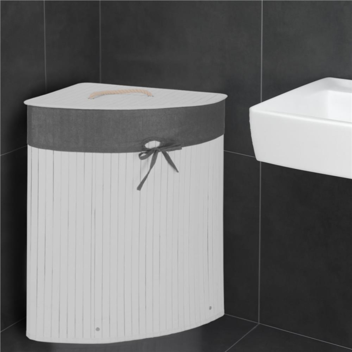 Cos rufe triunghiular colt bambus capac sac textil 60l, 55x35x60 cm, economisire spatiu, alb gri [24]