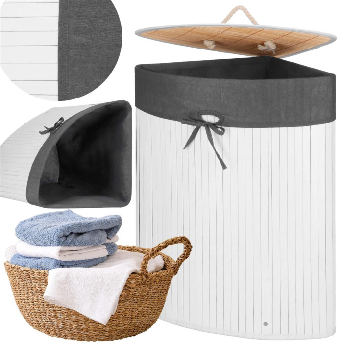 Cos rufe triunghiular colt bambus capac sac textil 60l, 55x35x60 cm, economisire spatiu, alb gri [10]