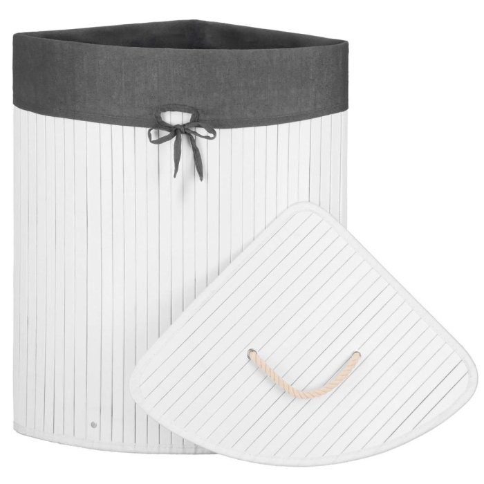 Cos rufe triunghiular colt bambus capac sac textil 60l, 55x35x60 cm, economisire spatiu, alb gri [17]