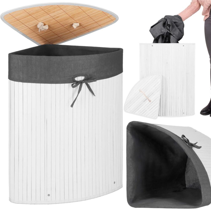 Cos rufe triunghiular colt bambus capac sac textil 60l, 55x35x60 cm, economisire spatiu, alb gri [13]