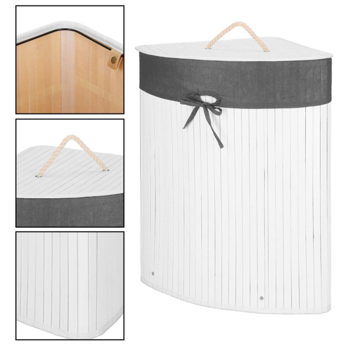 Cos rufe triunghiular colt bambus capac sac textil 60l, 55x35x60 cm, economisire spatiu, alb gri [5]