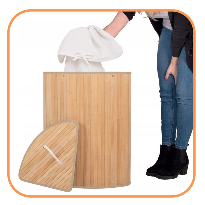 Cos de rufe triunghiular pentru colt cu capac, bambus si sac textil detasabil, 60 litri, 55x35x60 cm, maro natur [3]