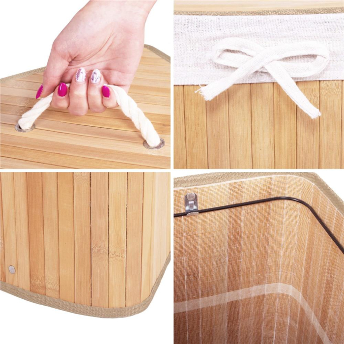 Cos de rufe triunghiular pentru colt cu capac, bambus si sac textil detasabil, 60 litri, 55x35x60 cm, maro natur [7]