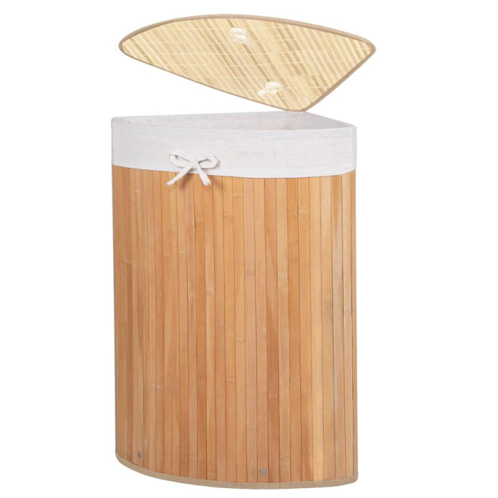 Cos de rufe triunghiular pentru colt cu capac, bambus si sac textil detasabil, 60 litri, 55x35x60 cm, maro natur [10]