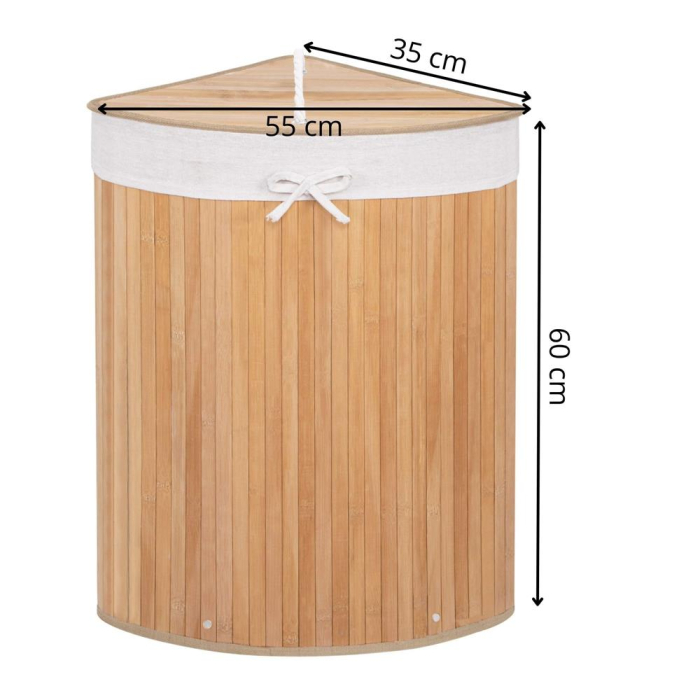 Cos de rufe triunghiular pentru colt cu capac, bambus si sac textil detasabil, 60 litri, 55x35x60 cm, maro natur [13]