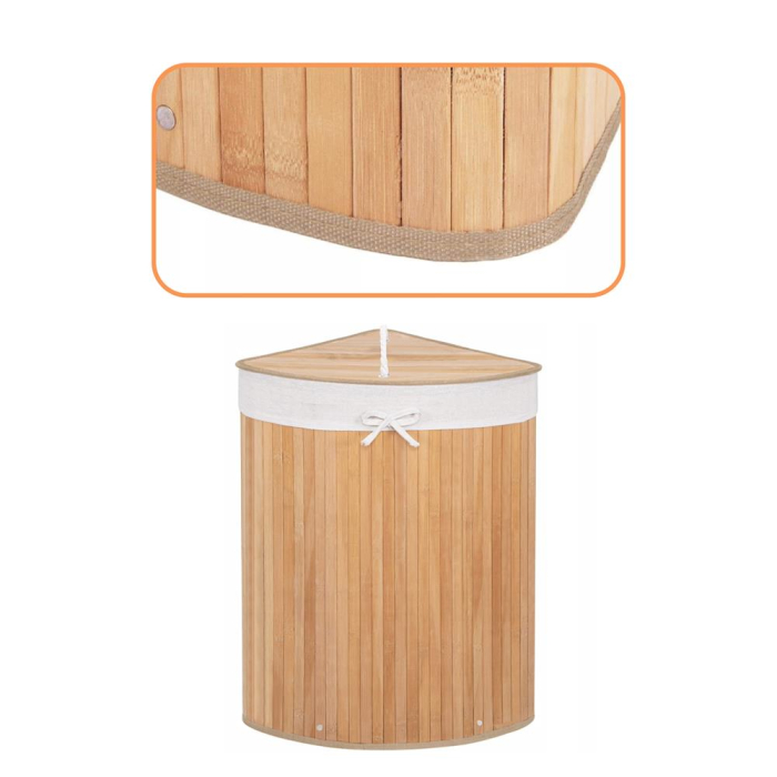 Cos de rufe triunghiular pentru colt cu capac, bambus si sac textil detasabil, 60 litri, 55x35x60 cm, maro natur [4]