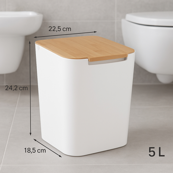 Cos gunoi 5Five Natureo cu capac, polipropilena si bambus, 5 litri, 22x19x24 cm, alb [3]