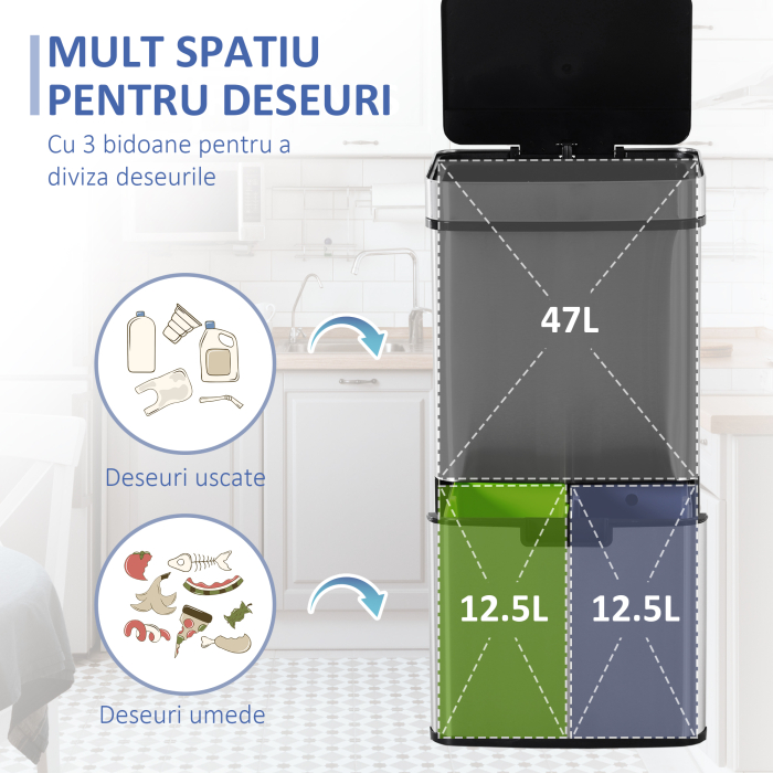  Cos Gunoi Inteligent 72 L - Inox, 3 Compartimente & Senzor [6]