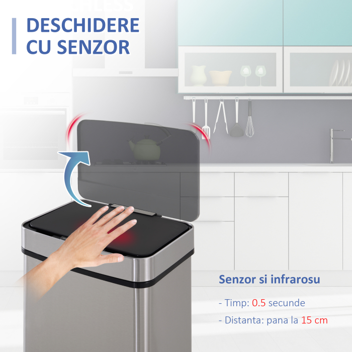  Cos Gunoi Inteligent 72 L - Inox, 3 Compartimente & Senzor [4]