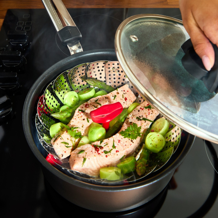 Cos pentru gatit la aburi Tefal Ingenio+ K1993034, inox, diametru reglabil, compatibilitate cu masina de spalat vase, argintiu & rosu [7]