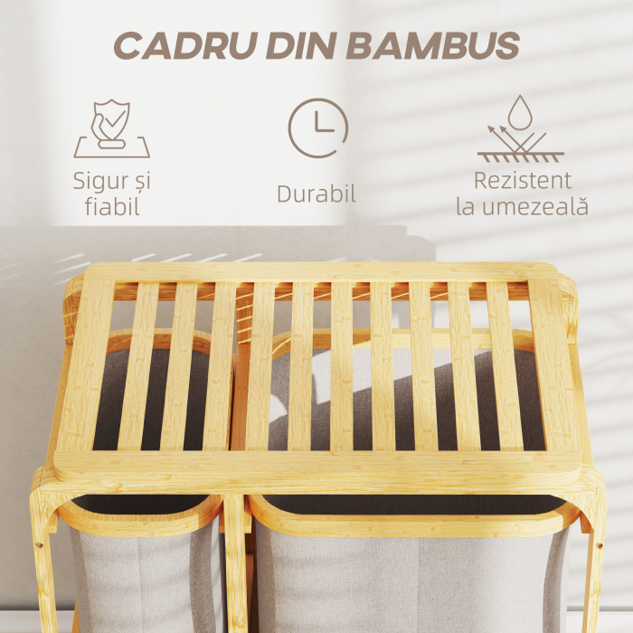  Cos pentru Rufe cu 3 Saci si Rafturi Detasabile din Material Textil din Bambus, 50x32x69,7 cm, Alb Crem [7]