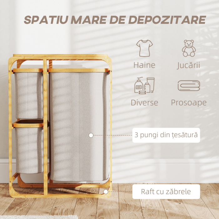  Cos pentru Rufe cu 3 Saci si Rafturi Detasabile din Material Textil din Bambus, 50x32x69,7 cm, Alb Crem [4]
