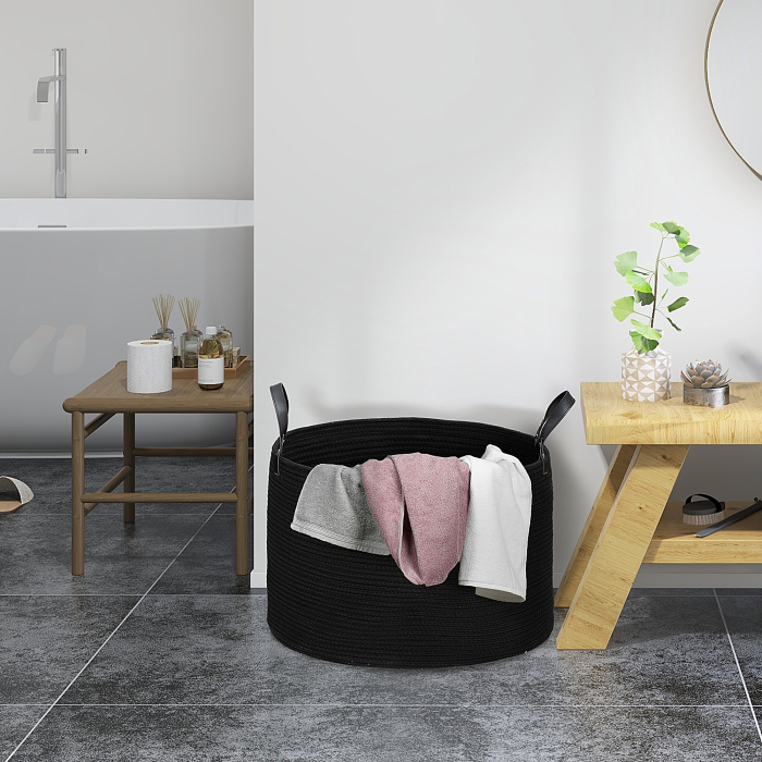  Cos pentru rufe de 88L portabil si pliabil cu manere din bumbac natural, Ø56x35.5 cm, negru [2]