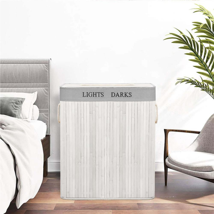 Cos pentru rufe din bambus, pliabil, cu 2 compartimente, volum 105 L, 63x52x33 cm, alb si gri [23]