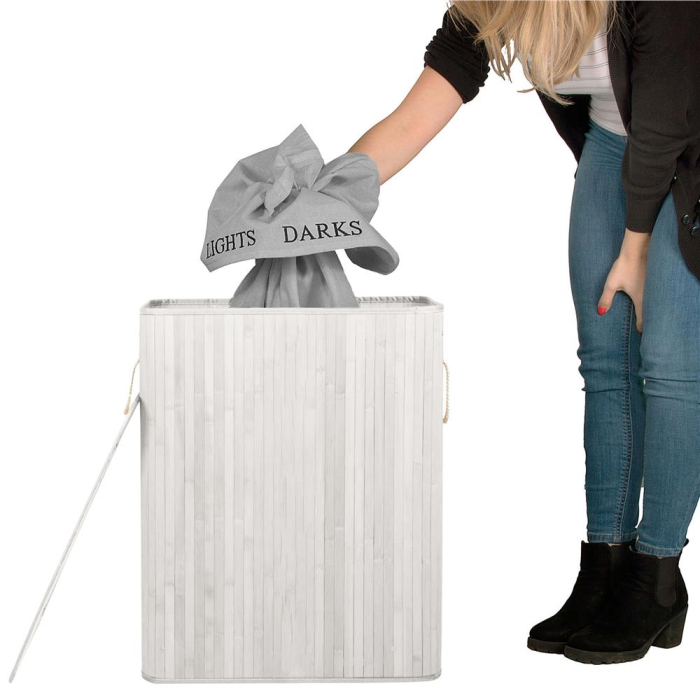 Cos pentru rufe din bambus, pliabil, cu 2 compartimente, volum 105 L, 63x52x33 cm, alb si gri [17]