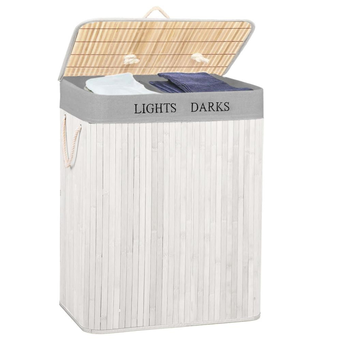 Cos pentru rufe din bambus, pliabil, cu 2 compartimente, volum 105 L, 63x52x33 cm, alb si gri [15]