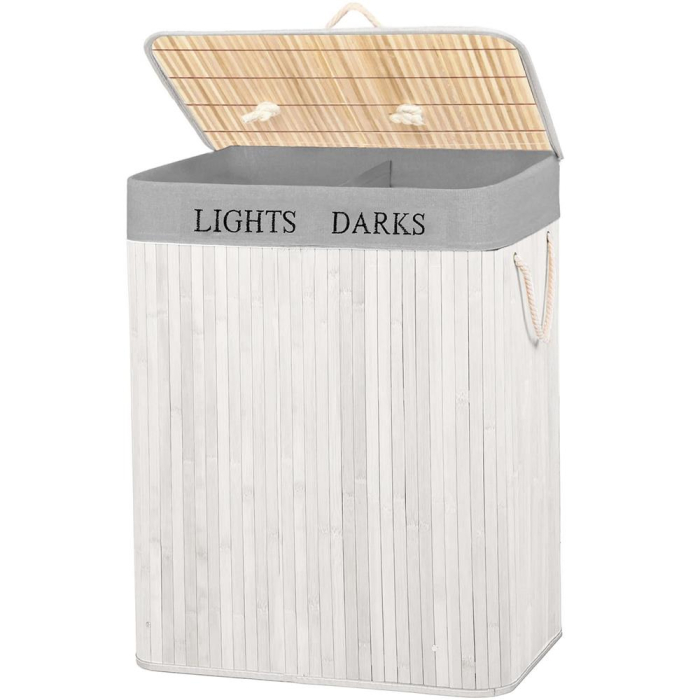 Cos pentru rufe din bambus, pliabil, cu 2 compartimente, volum 105 L, 63x52x33 cm, alb si gri [12]