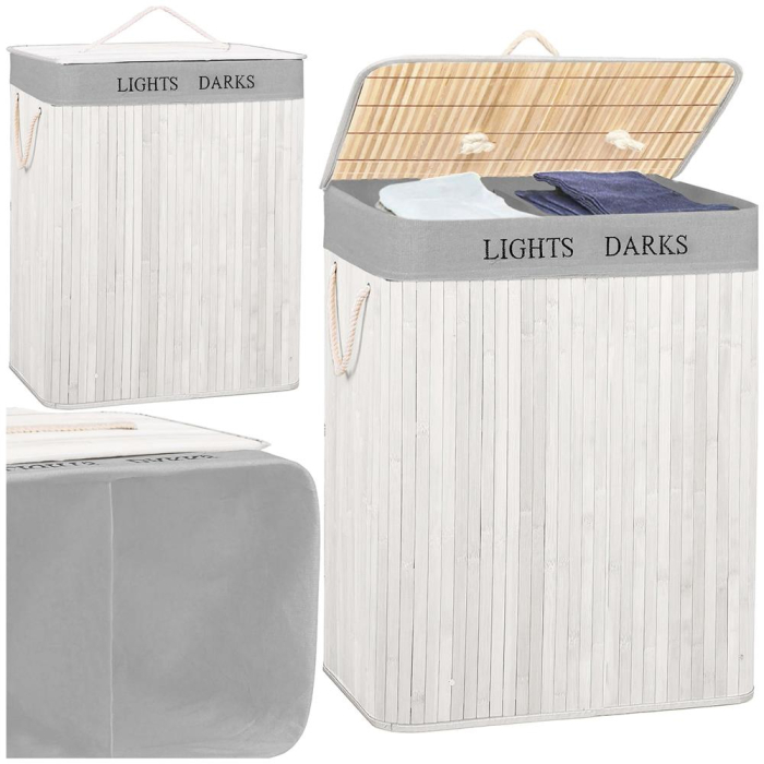 Cos pentru rufe din bambus, pliabil, cu 2 compartimente, volum 105 L, 63x52x33 cm, alb si gri [5]