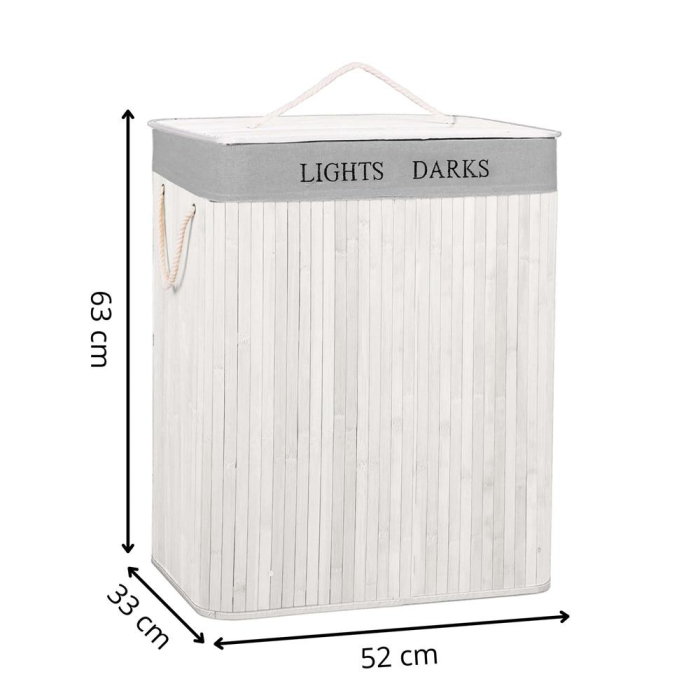 Cos pentru rufe din bambus, pliabil, cu 2 compartimente, volum 105 L, 63x52x33 cm, alb si gri [24]