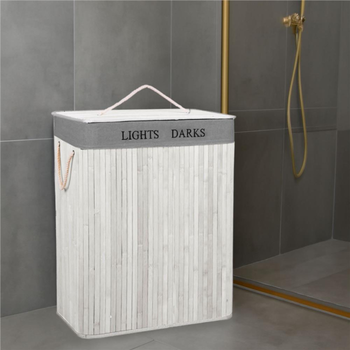 Cos pentru rufe din bambus, pliabil, cu 2 compartimente, volum 105 L, 63x52x33 cm, alb si gri [25]