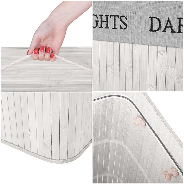Cos pentru rufe din bambus, pliabil, cu 2 compartimente, volum 105 L, 63x52x33 cm, alb si gri [22]