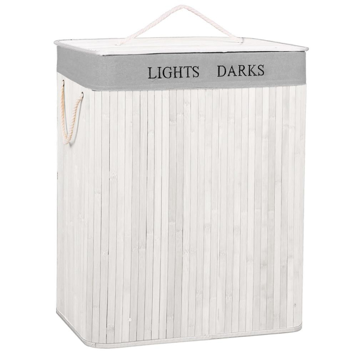 Cos pentru rufe din bambus, pliabil, cu 2 compartimente, volum 105 L, 63x52x33 cm, alb si gri [13]