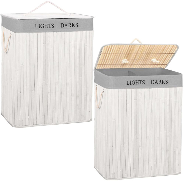 Cos pentru rufe din bambus, pliabil, cu 2 compartimente, volum 105 L, 63x52x33 cm, alb si gri [8]