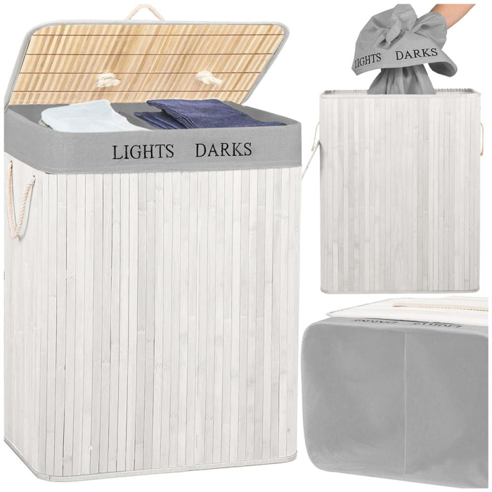 Cos pentru rufe din bambus, pliabil, cu 2 compartimente, volum 105 L, 63x52x33 cm, alb si gri [6]