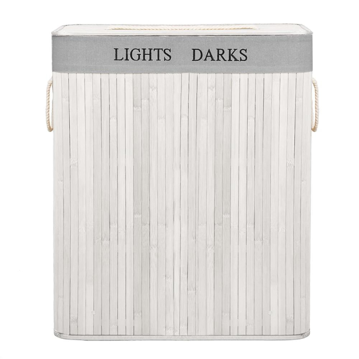 Cos pentru rufe din bambus, pliabil, cu 2 compartimente, volum 105 L, 63x52x33 cm, alb si gri [21]