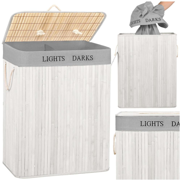 Cos pentru rufe din bambus, pliabil, cu 2 compartimente, volum 105 L, 63x52x33 cm, alb si gri [14]