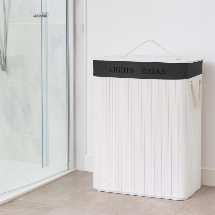 Cos pentru rufe din bambus, pliabil, cu 2 compartimente, volum 105 L, 63x52x33 cm, alb si gri inchis [3]