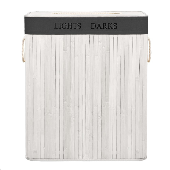 Cos pentru rufe din bambus, pliabil, cu 2 compartimente, volum 105 L, 63x52x33 cm, alb si gri inchis [19]