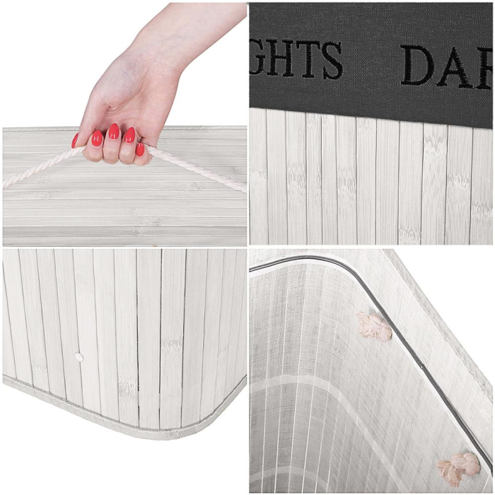 Cos pentru rufe din bambus, pliabil, cu 2 compartimente, volum 105 L, 63x52x33 cm, alb si gri inchis [20]