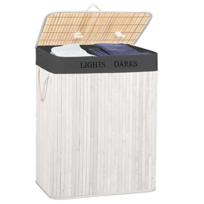 Cos pentru rufe din bambus, pliabil, cu 2 compartimente, volum 105 L, 63x52x33 cm, alb si gri inchis [14]
