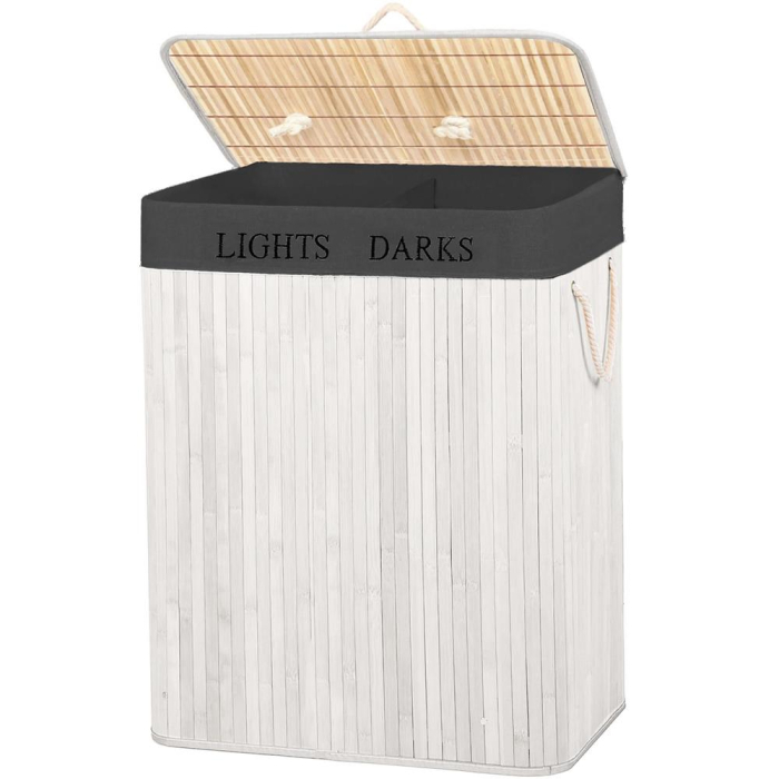 Cos pentru rufe din bambus, pliabil, cu 2 compartimente, volum 105 L, 63x52x33 cm, alb si gri inchis [9]