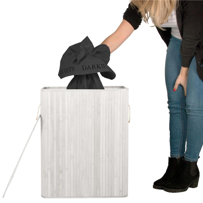 Cos pentru rufe din bambus, pliabil, cu 2 compartimente, volum 105 L, 63x52x33 cm, alb si gri inchis [15]