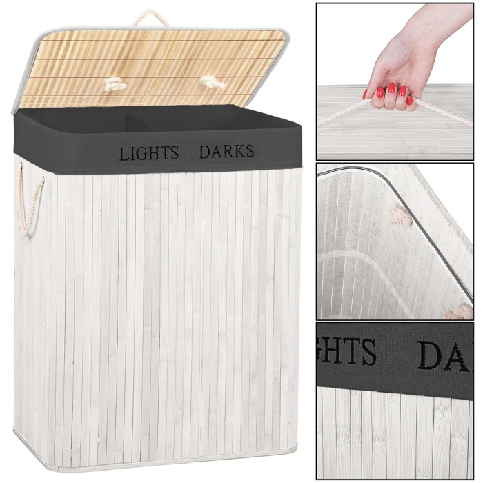 Cos pentru rufe din bambus, pliabil, cu 2 compartimente, volum 105 L, 63x52x33 cm, alb si gri inchis [21]