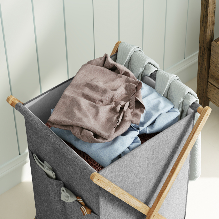  Cos Pliabil pentru Rufe 55L din Material Textil si Cadru din Bambus pentru Camera si Spalatorie, 41x41x64 cm, Gri [8]